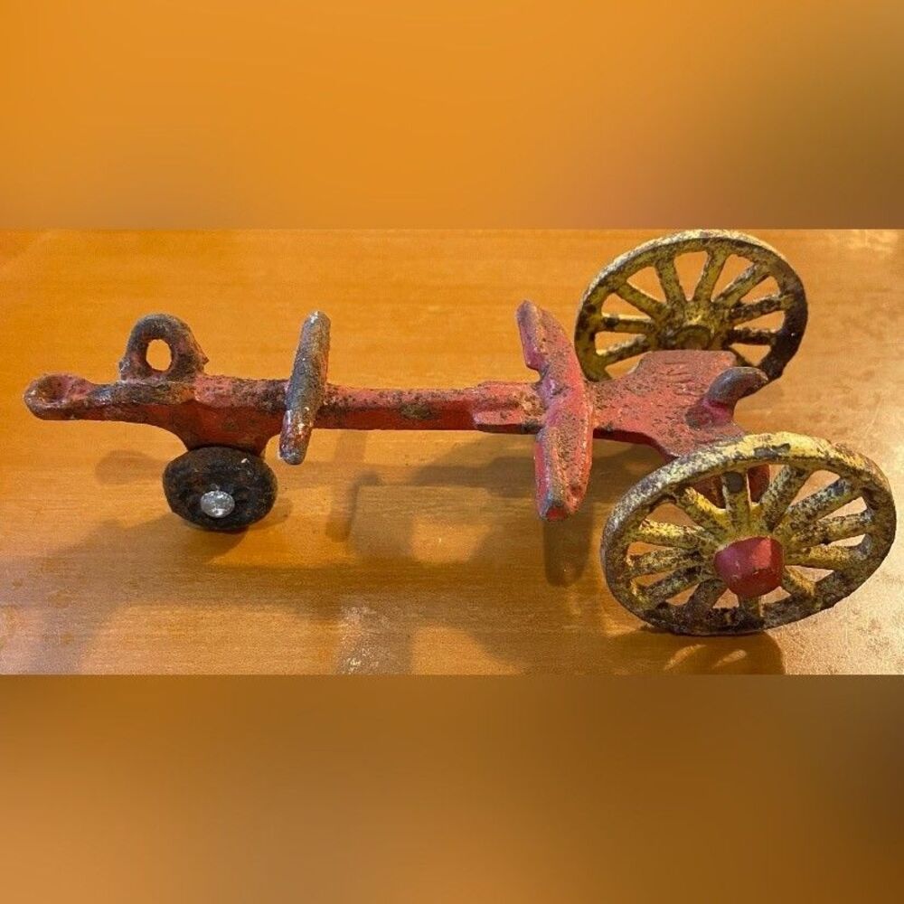 Vintage Cast Iron Horse Drawn Toy Wagon Red Cart Wheels
